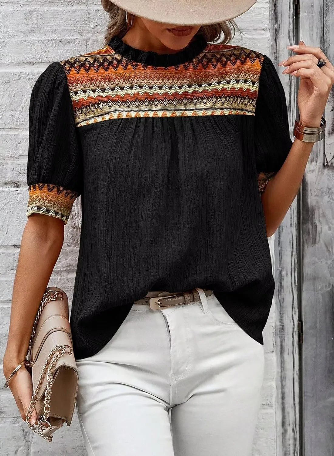 Womens Summer Tops Boho Geometric Crewneck Blouses Casual Short Puff Sleeve Shirts Flowy Crochet Chiffon Frilled Top