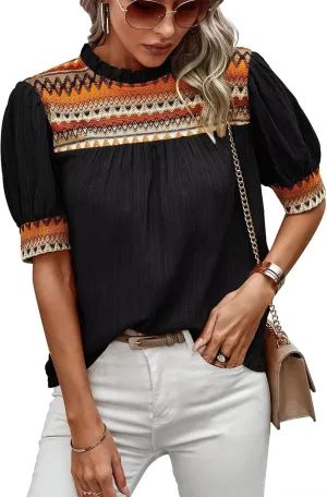 Womens Summer Tops Boho Geometric Crewneck Blouses Casual Short Puff Sleeve Shirts Flowy Crochet Chiffon Frilled Top