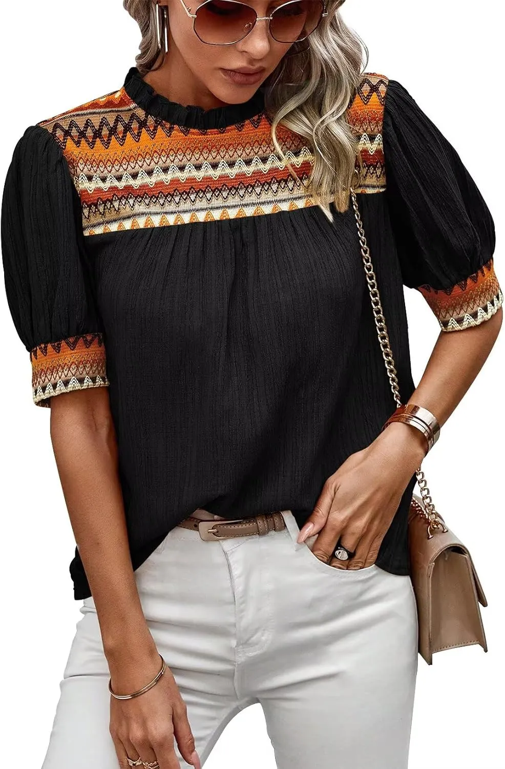 Womens Summer Tops Boho Geometric Crewneck Blouses Casual Short Puff Sleeve Shirts Flowy Crochet Chiffon Frilled Top