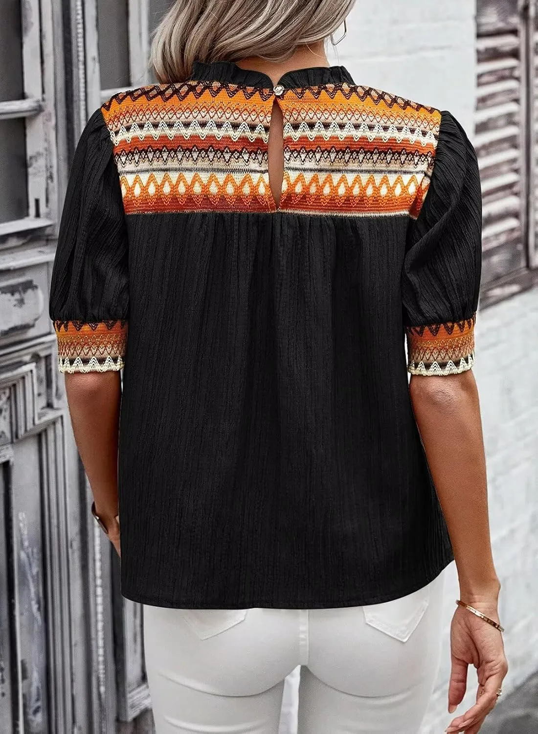 Womens Summer Tops Boho Geometric Crewneck Blouses Casual Short Puff Sleeve Shirts Flowy Crochet Chiffon Frilled Top