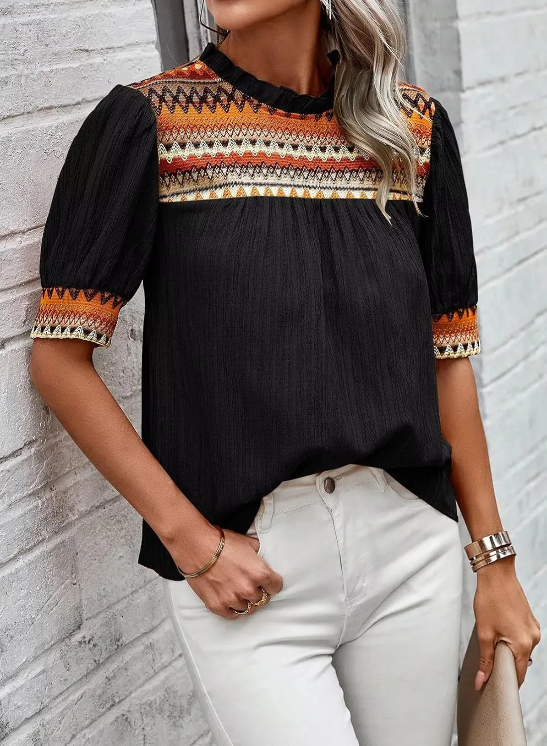 Womens Summer Tops Boho Geometric Crewneck Blouses Casual Short Puff Sleeve Shirts Flowy Crochet Chiffon Frilled Top