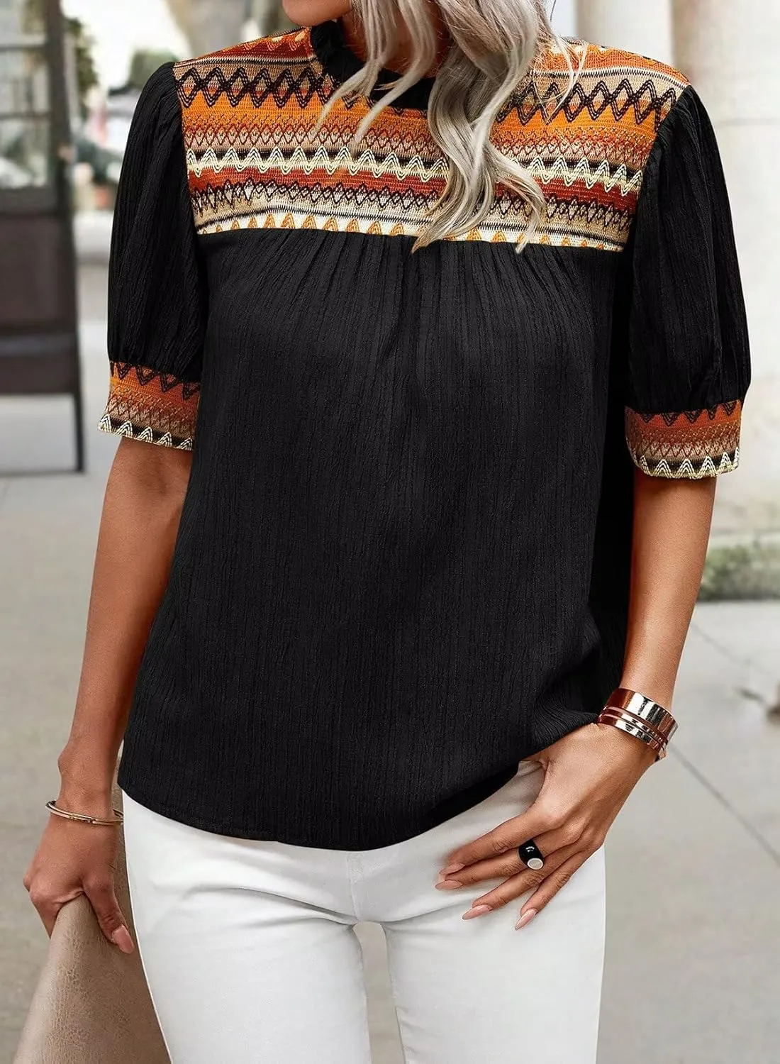 Womens Summer Tops Boho Geometric Crewneck Blouses Casual Short Puff Sleeve Shirts Flowy Crochet Chiffon Frilled Top