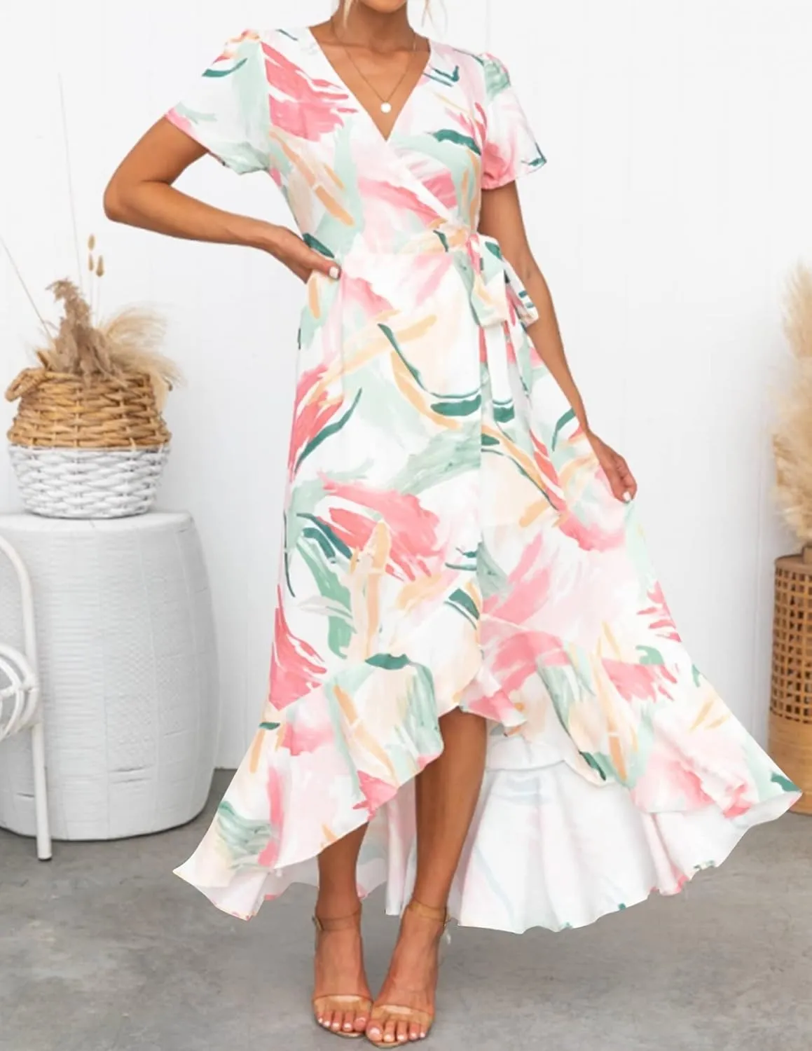 ZESICA Women's Summer Bohemian Floral Printed Wrap V Neck Beach Party Flowy Ruffle Midi Dress