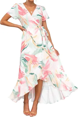 ZESICA Women's Summer Bohemian Floral Printed Wrap V Neck Beach Party Flowy Ruffle Midi Dress
