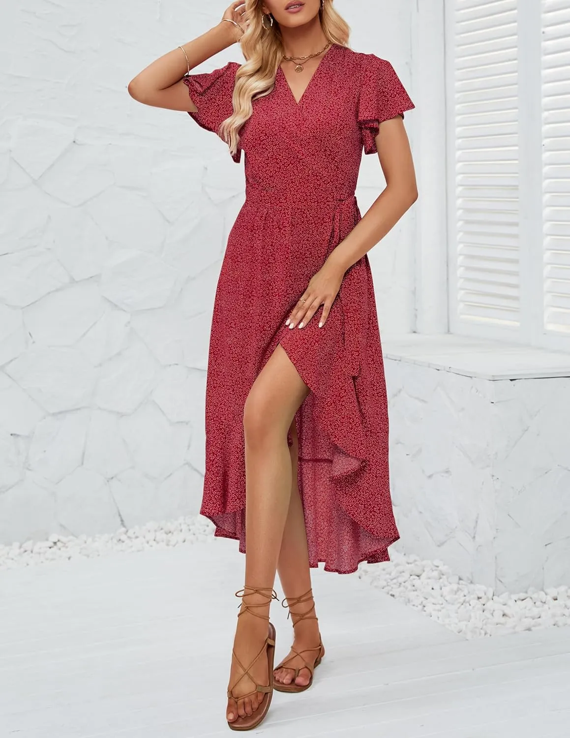 ZESICA Women's Summer Bohemian Floral Printed Wrap V Neck Beach Party Flowy Ruffle Midi Dress