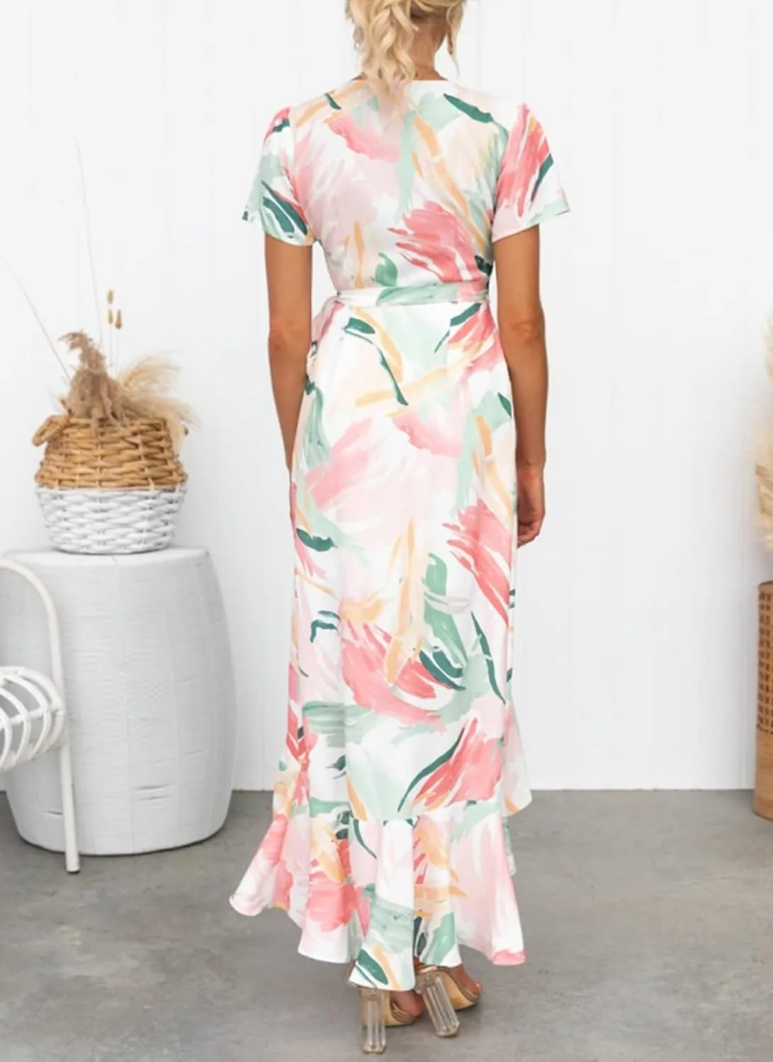 ZESICA Women's Summer Bohemian Floral Printed Wrap V Neck Beach Party Flowy Ruffle Midi Dress