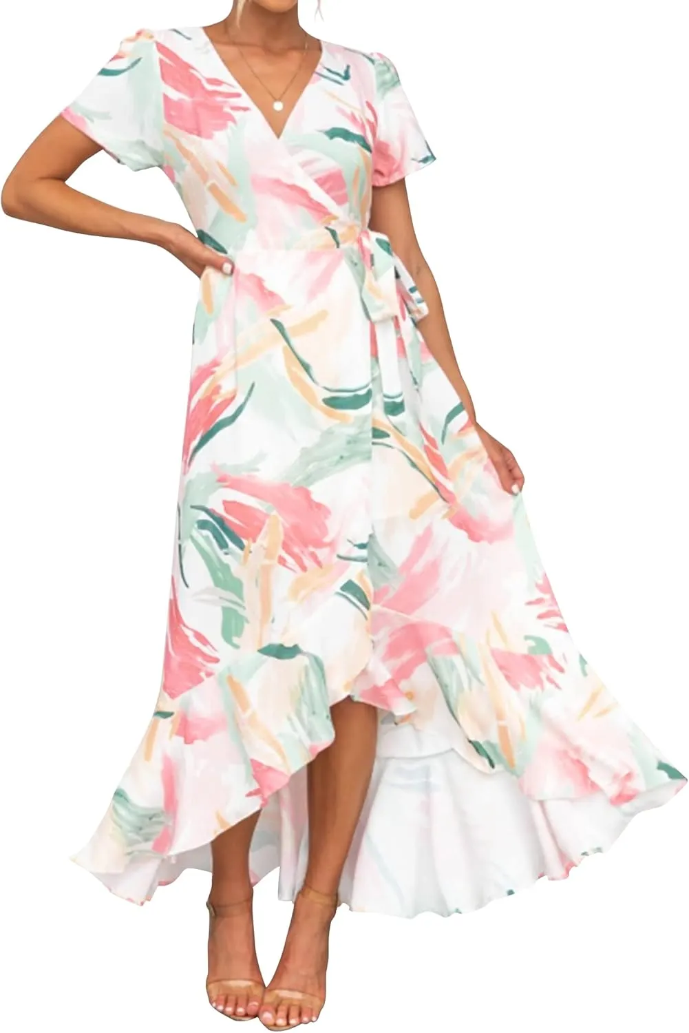 ZESICA Women's Summer Bohemian Floral Printed Wrap V Neck Beach Party Flowy Ruffle Midi Dress