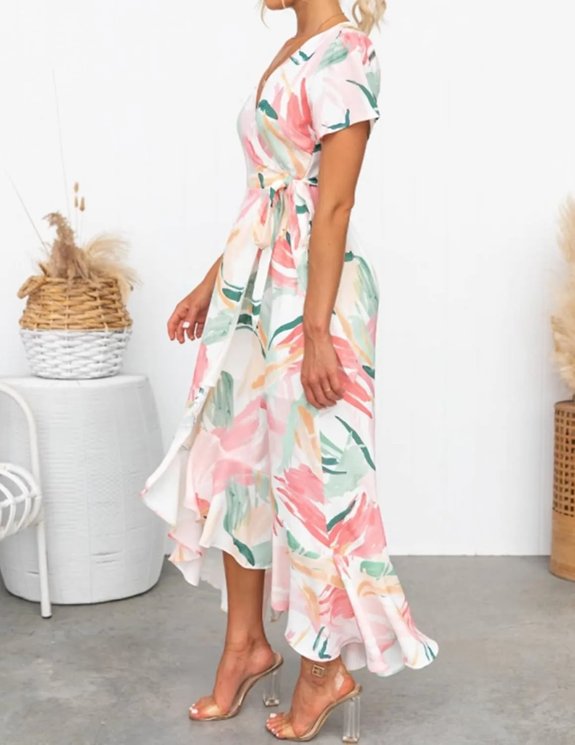 ZESICA Women's Summer Bohemian Floral Printed Wrap V Neck Beach Party Flowy Ruffle Midi Dress