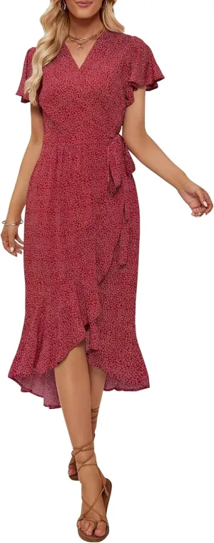 ZESICA Women's Summer Bohemian Floral Printed Wrap V Neck Beach Party Flowy Ruffle Midi Dress