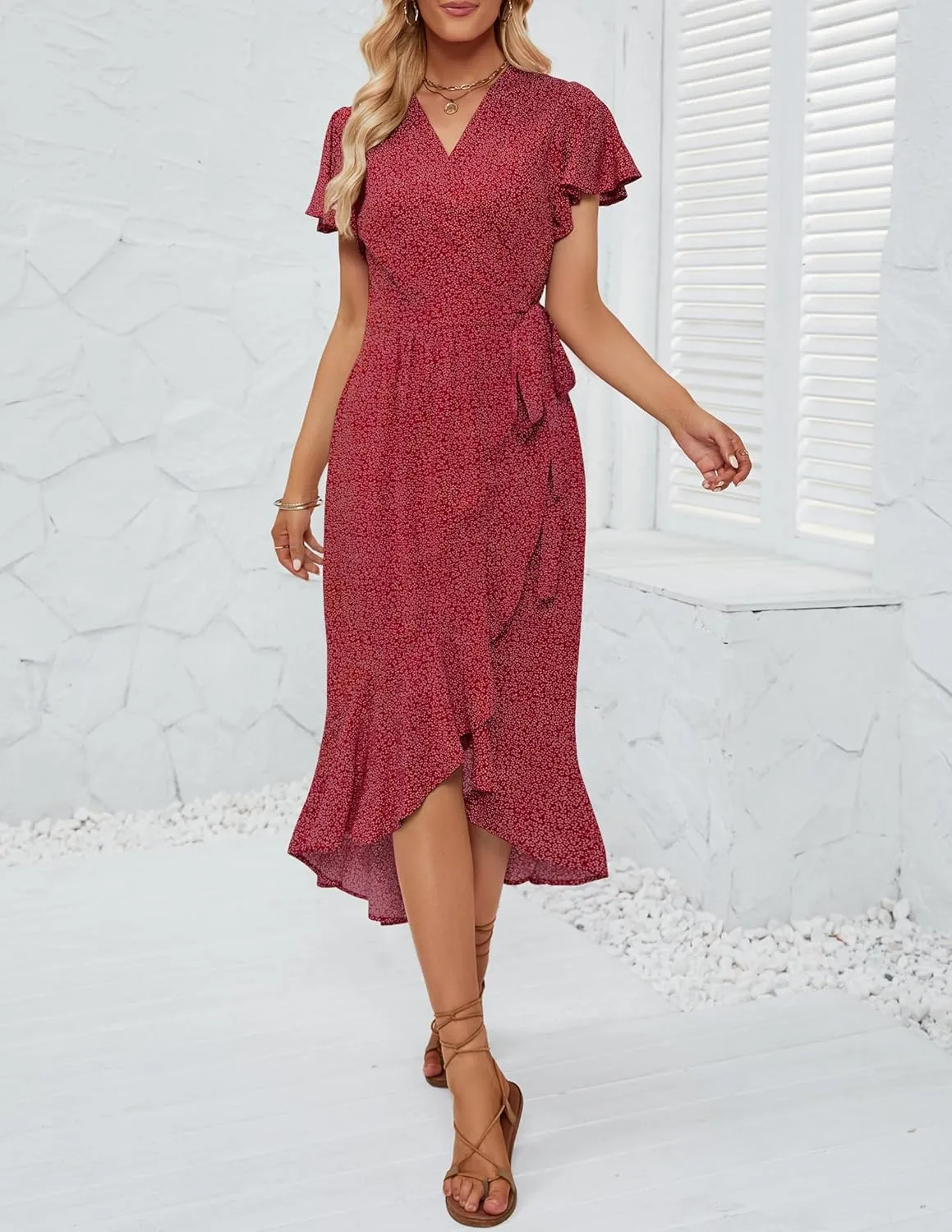 ZESICA Women's Summer Bohemian Floral Printed Wrap V Neck Beach Party Flowy Ruffle Midi Dress